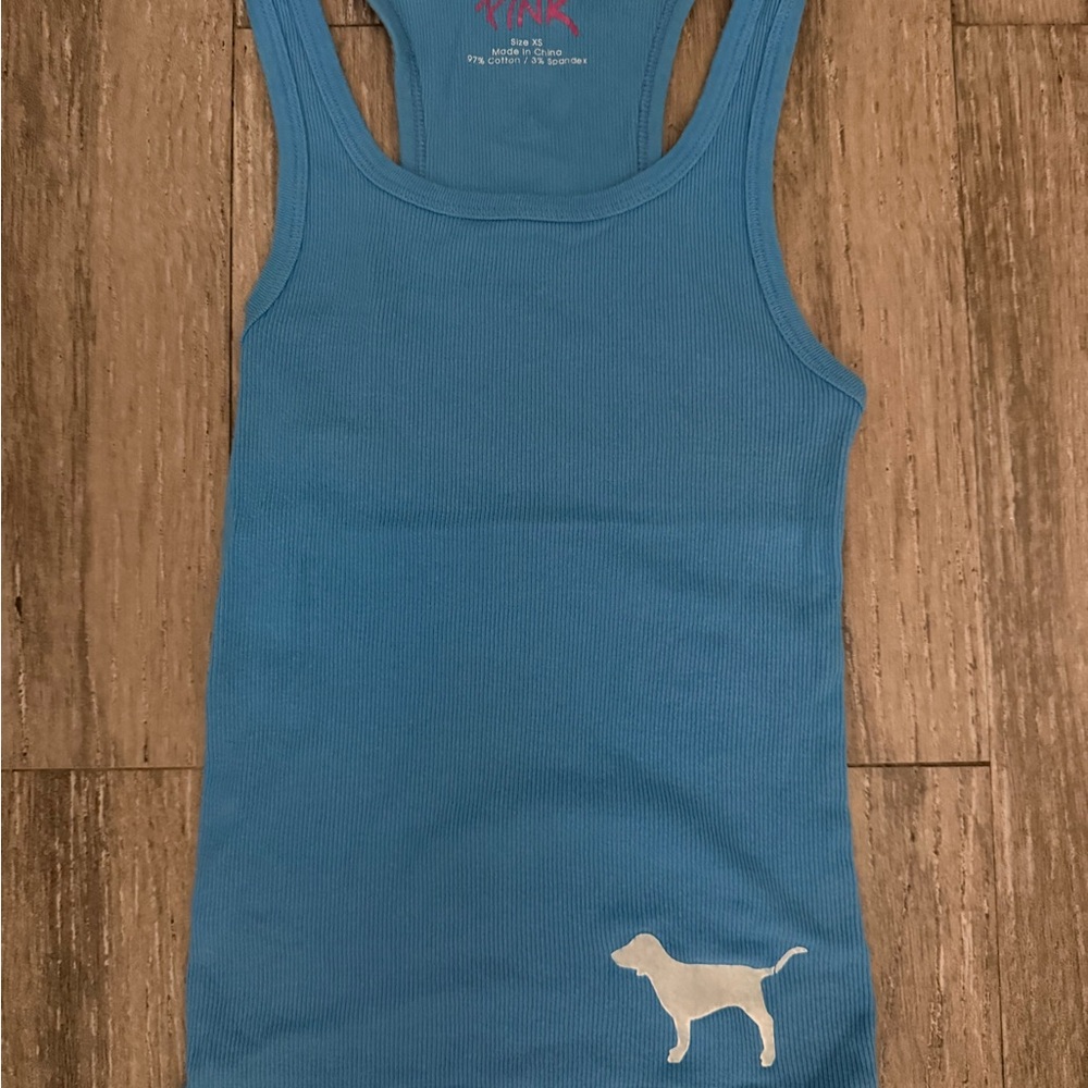 PINK Victoria's Secret Blue Ribbed Tank Top with White Dog Silhouette